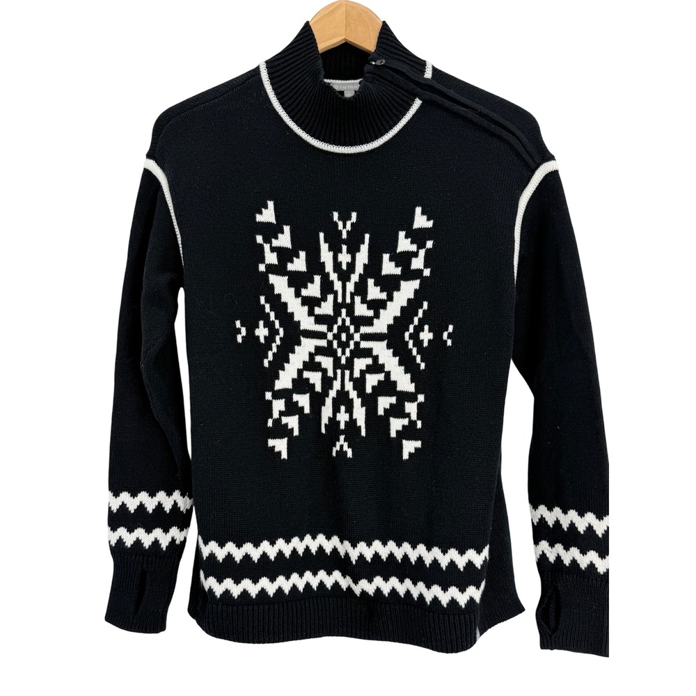 T by Talbots Womens Black Snowflake Fair Isle Mock Neck Zip Sweater Size S